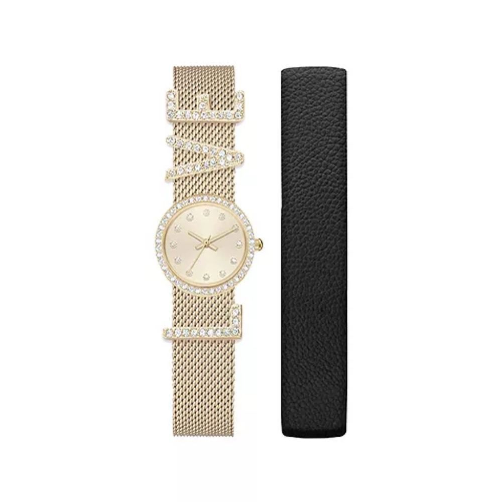 LOVE Gold Tone & Crystal Analog Watch with interchangeable strap.